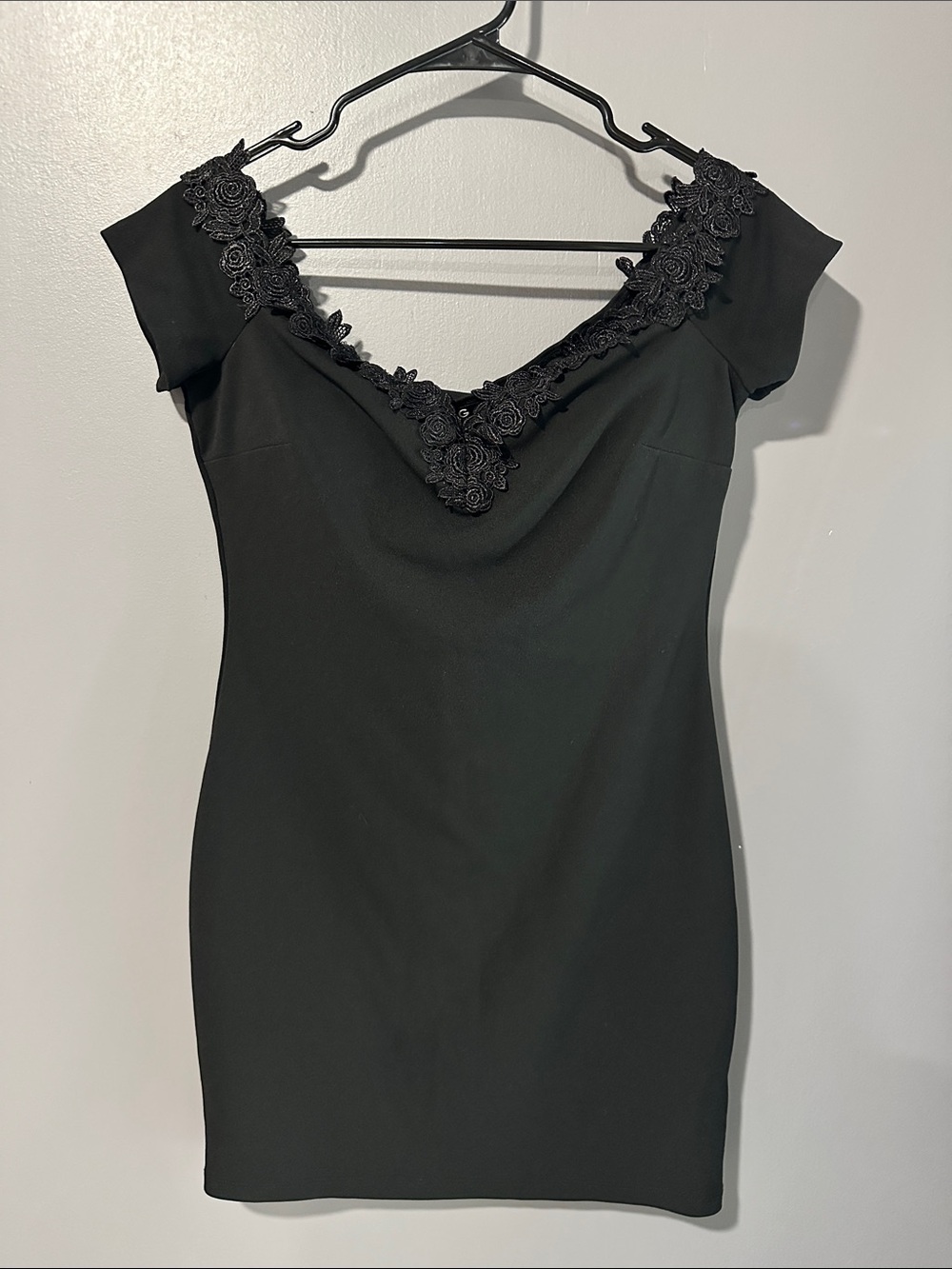 G by Guess Black Mini Dress with Floral Lace Trim